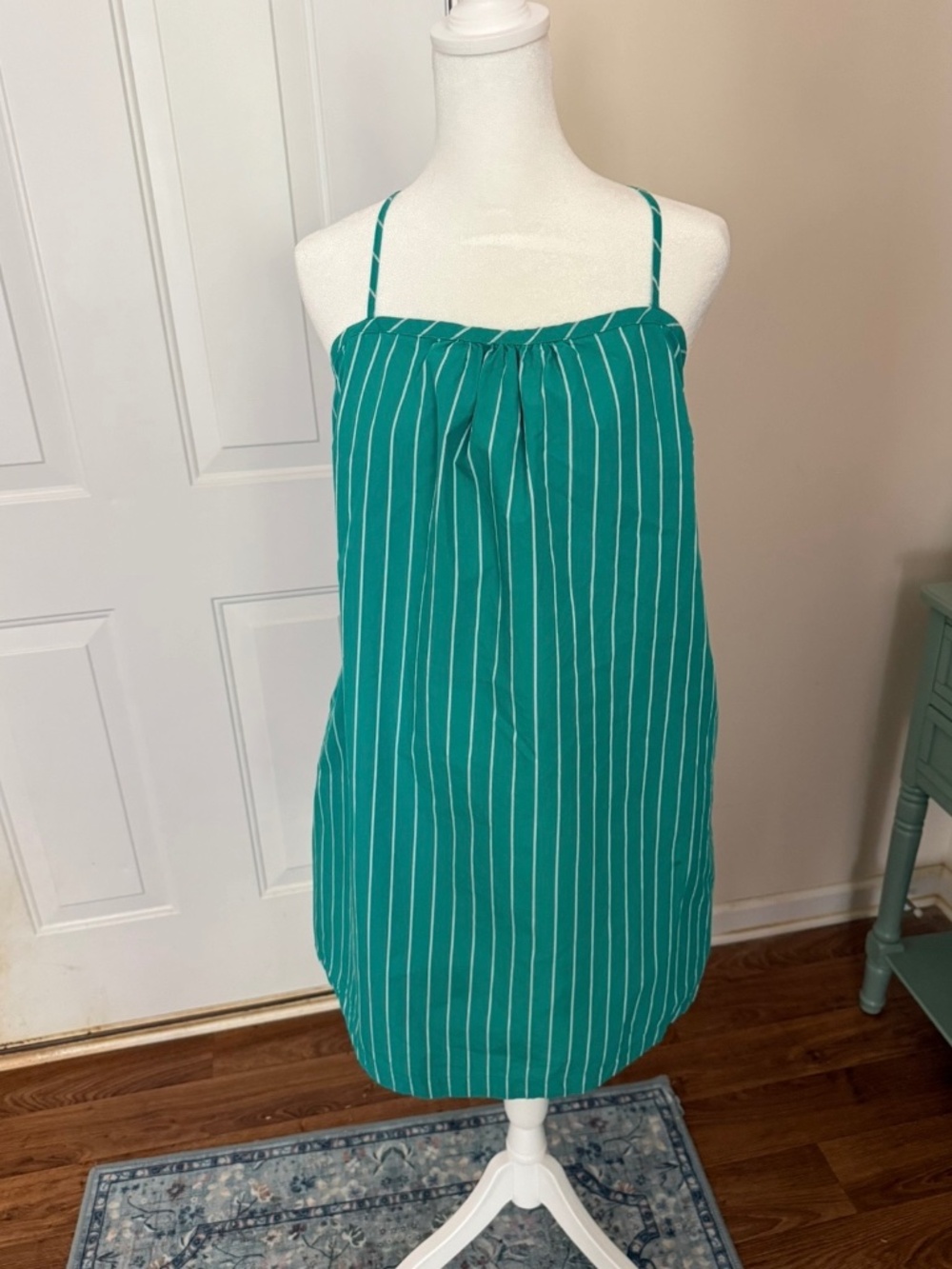 A New Day Teal and White Striped Halter Sundress Cross Back, Size L